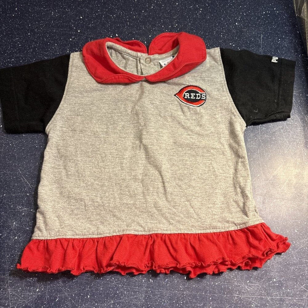 Cincinnati Reds Shirt 24 Months Girls Ruffle Embroidered Collar Gray Black Sleev